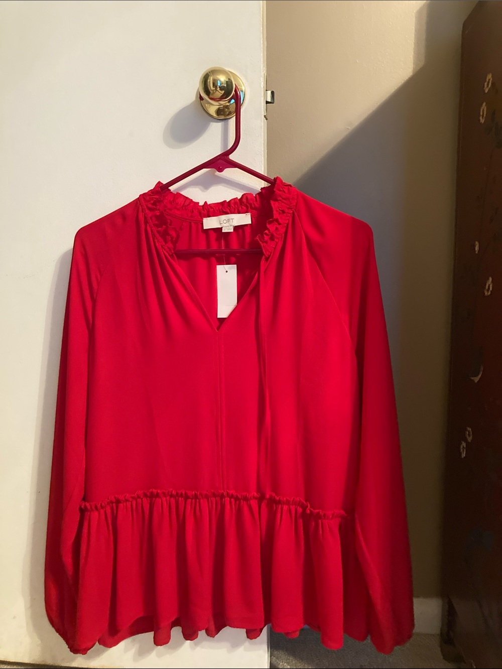 LOFT Vibrant Red Ruffle-Peplum Long Sleeve Blouse